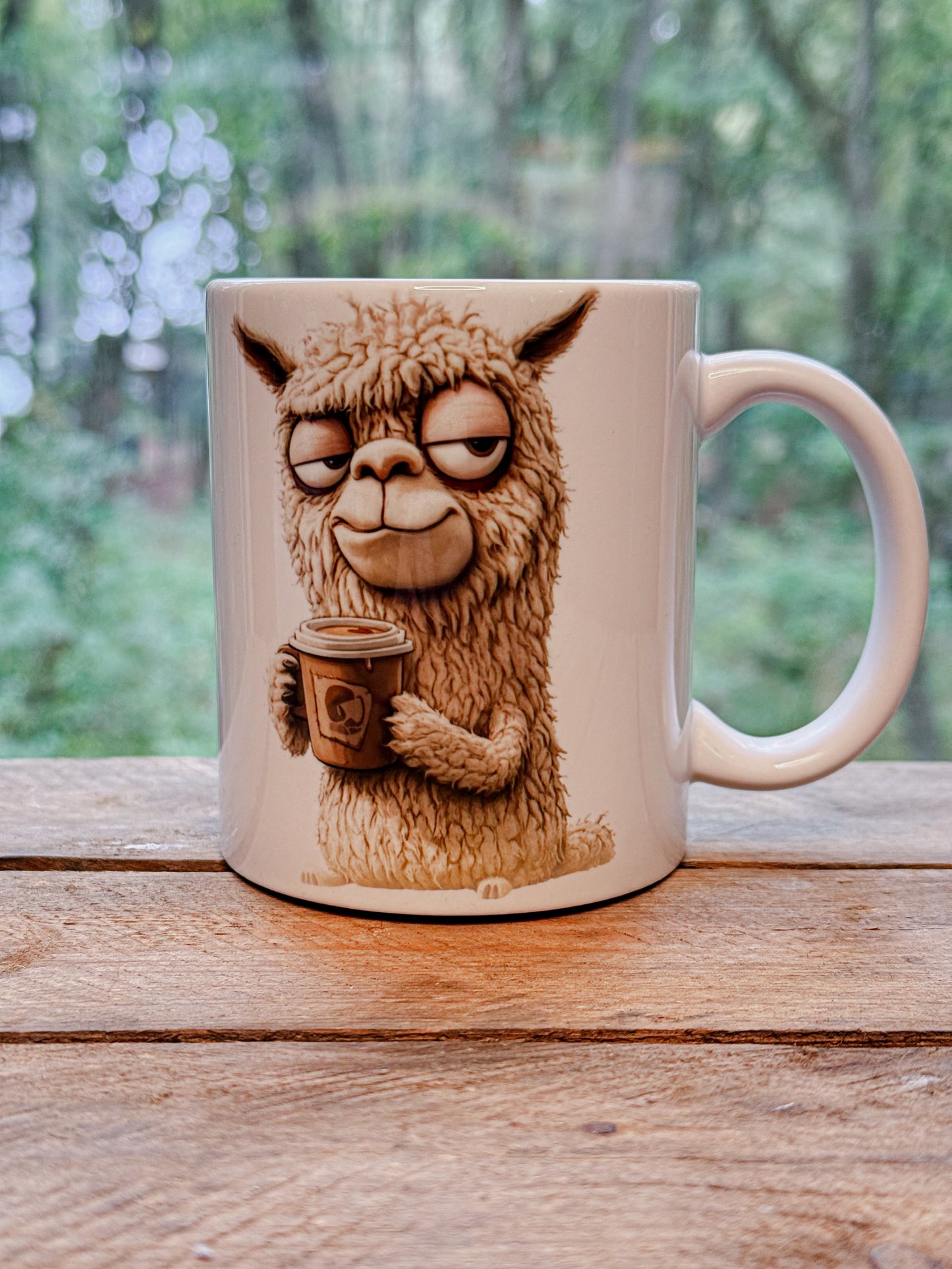 Tasse mit Kaffee trinkendem Alpaka das Sideeye macht