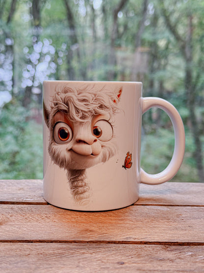 Tasse mit weißem Alpaka und kleinem roten Schmetterling