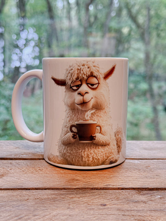 Tasse mit Kaffee trinkendem Alpaka
