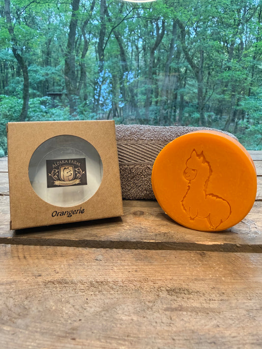 Oranges rundes Stück Seife aus Keratin gewonnen aus Alpakawolle